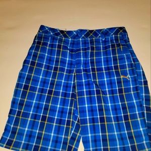 Puma Golf Shorts Mens 32 Blue Plaid Chino Flat Front 11” Inseam Stretch Fowler